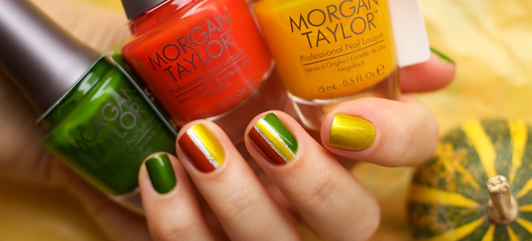 Morgan Taylor Chrome Collection Chrome Base, Ivy Appliqué, AmberRushAppliqué, Sunset Yellow Appliqué swatches by Ann Sokolova